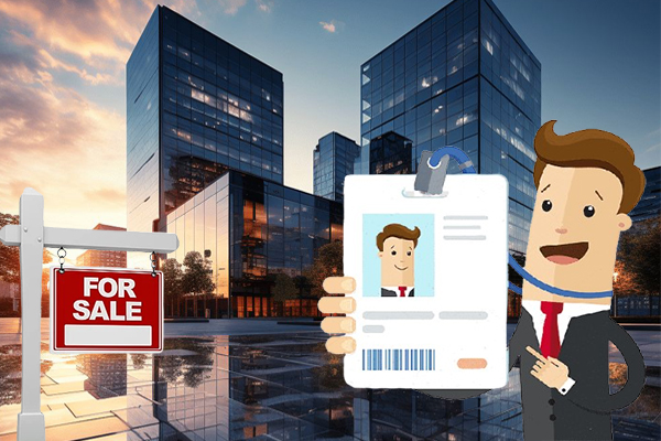 Ilustrasi agen properti menunjukkan kartu identitas profesional di depan gedung modern dengan papan for sale sebagai simbol personal branding yang kuat.