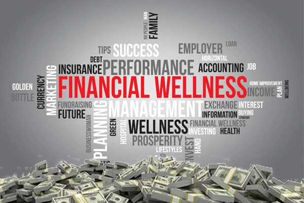 Ilustrasi konsep financial wellness dengan kata-kata terkait keuangan dan kesehatan serta tumpukan uang sebagai simbol stabilitas finansial.