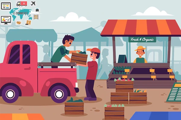 UMKM pasar tradisional mengirim produk dengan pickup, menggambarkan peluang e-commerce bagi usaha kecil di Indonesia.