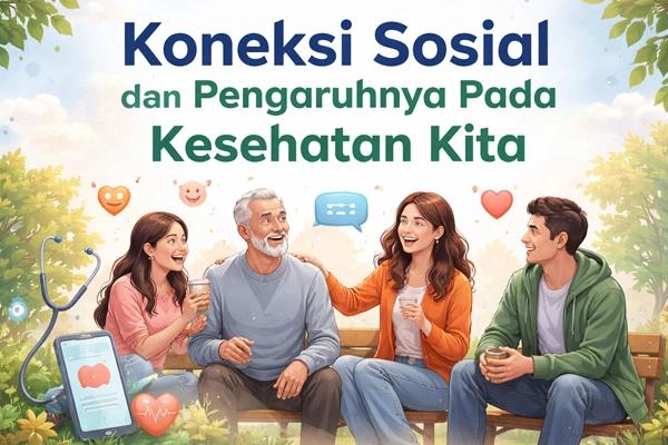 Koneksi sosial dan pengaruhnya pada kesehatan ilustrasi orang saling berbincang, bahagia, dan saling mendukung.