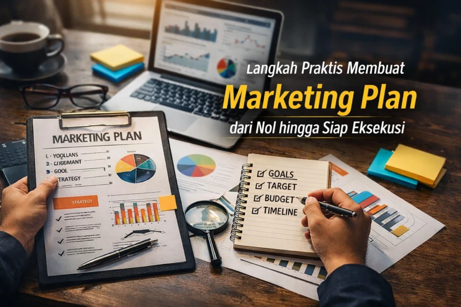 Tampilan meja kerja dengan dokumen marketing plan, grafik, dan catatan strategi menggambarkan langkah praktis menyusun marketing plan dari nol hingga siap eksekusi.