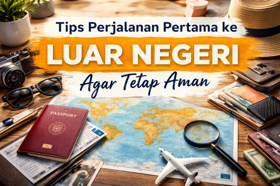 Gambar banner bertema traveling dengan paspor, peta dunia, kamera, dan judul “Tips Perjalanan Pertama ke Luar Negeri Agar Tetap Aman”. Menunjukkan persiapan perjalanan yang rapi dan aman.